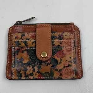 Patricia Nash Floral Brown Tan Leather Wallet Gold snap ID pocket Zip close